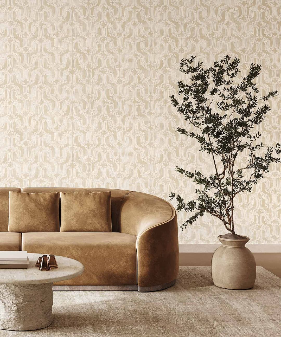 Beige Wave Line Wallpaper