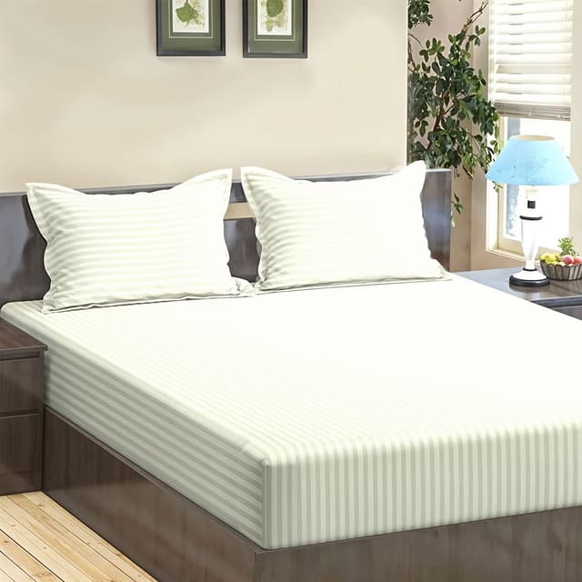 Ivory Stripes 300 TC Cotton Satin Bedsheet Super Soft & Breathable