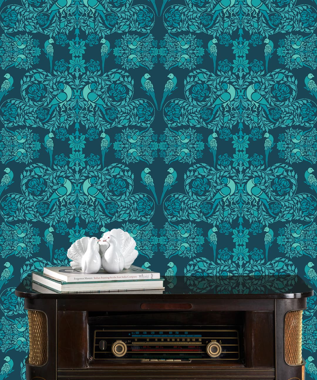 Lovebirds in Teal Garden Wallpaper