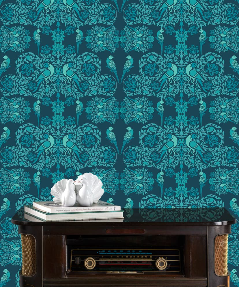 Lovebirds in Teal Garden Wallpaper