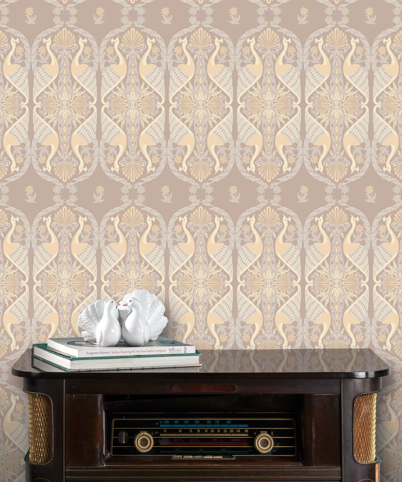 Peacock Taupe Damask Wallpaper
