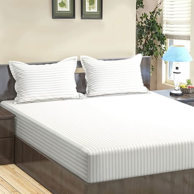 Pure White Stripes 300 TC Cotton Satin Bedsheet Super Soft & Breathable