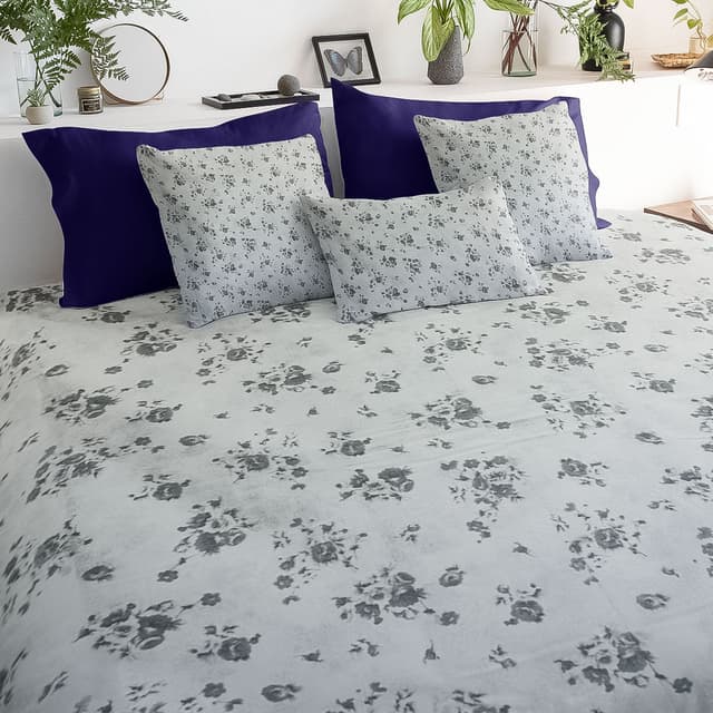 Silver Bloom – 300 TC Pure Cotton (White base with soft grey floral design, ultra-smooth and breathable.)