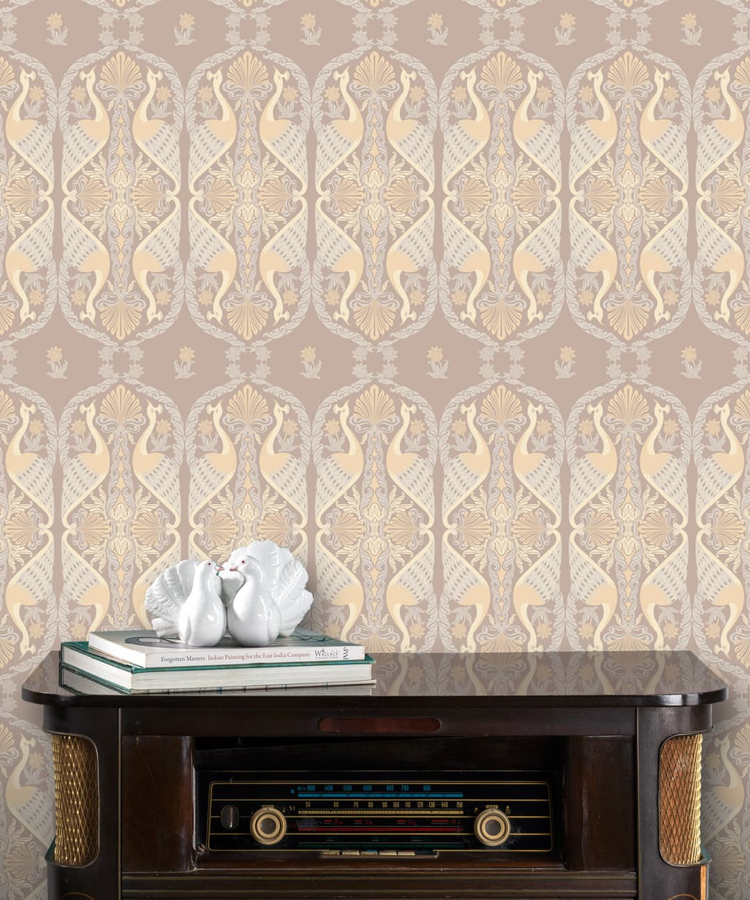 Peacock Taupe Damask Wallpaper