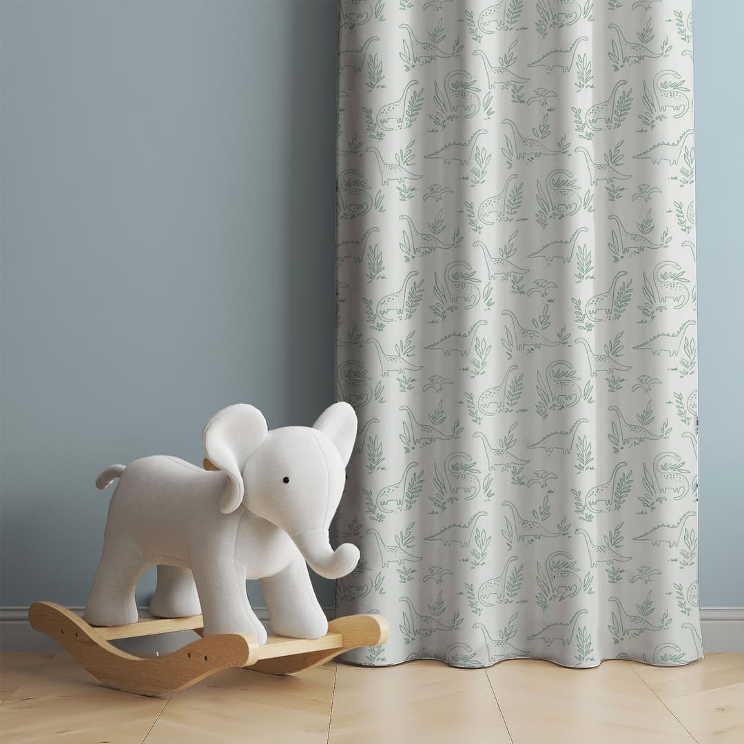 Mint Dino Sketch Cotton Curtain