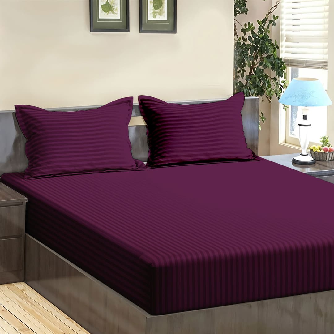 Plum Stripes 300 TC Pure Cotton Bedsheet Soft Breathable and Comfortable