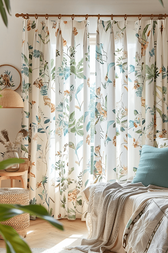 Cozy bedroom with soft, earthy floral printed curtains, layered textiles, and warm wooden accents, highlighting printed curtains for bedroom retreats and serene interiors.
