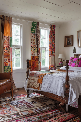 Eclectic bedroom featuring patchwork printed curtains paired with solid bedding and a rustic wooden bed, showing how to style printed curtains for the bedroom with layered textures.