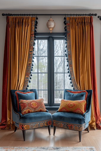 Sophisticated living area with bold gold and red printed curtains, accented by deep blue armchairs and ornate cushions, showcasing printed curtains as a dramatic focal point in the living room.