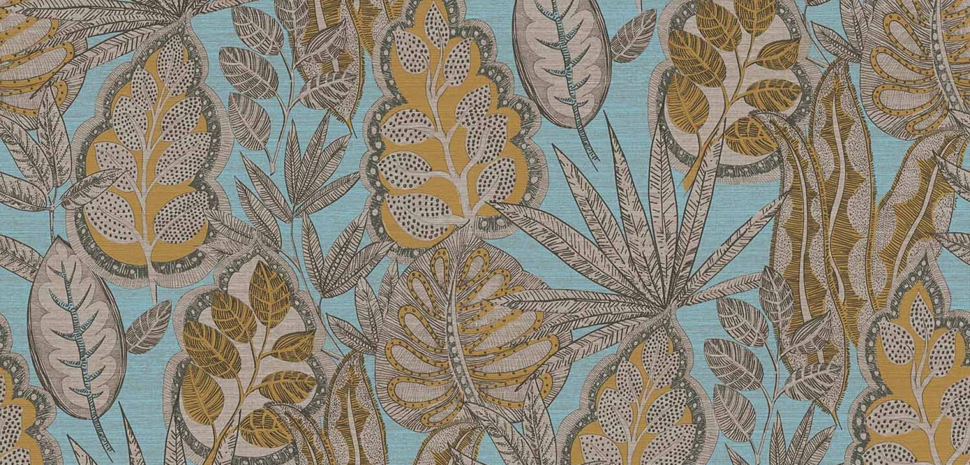 Sky Blue & Gold Botanical Elegance Wallpaper
