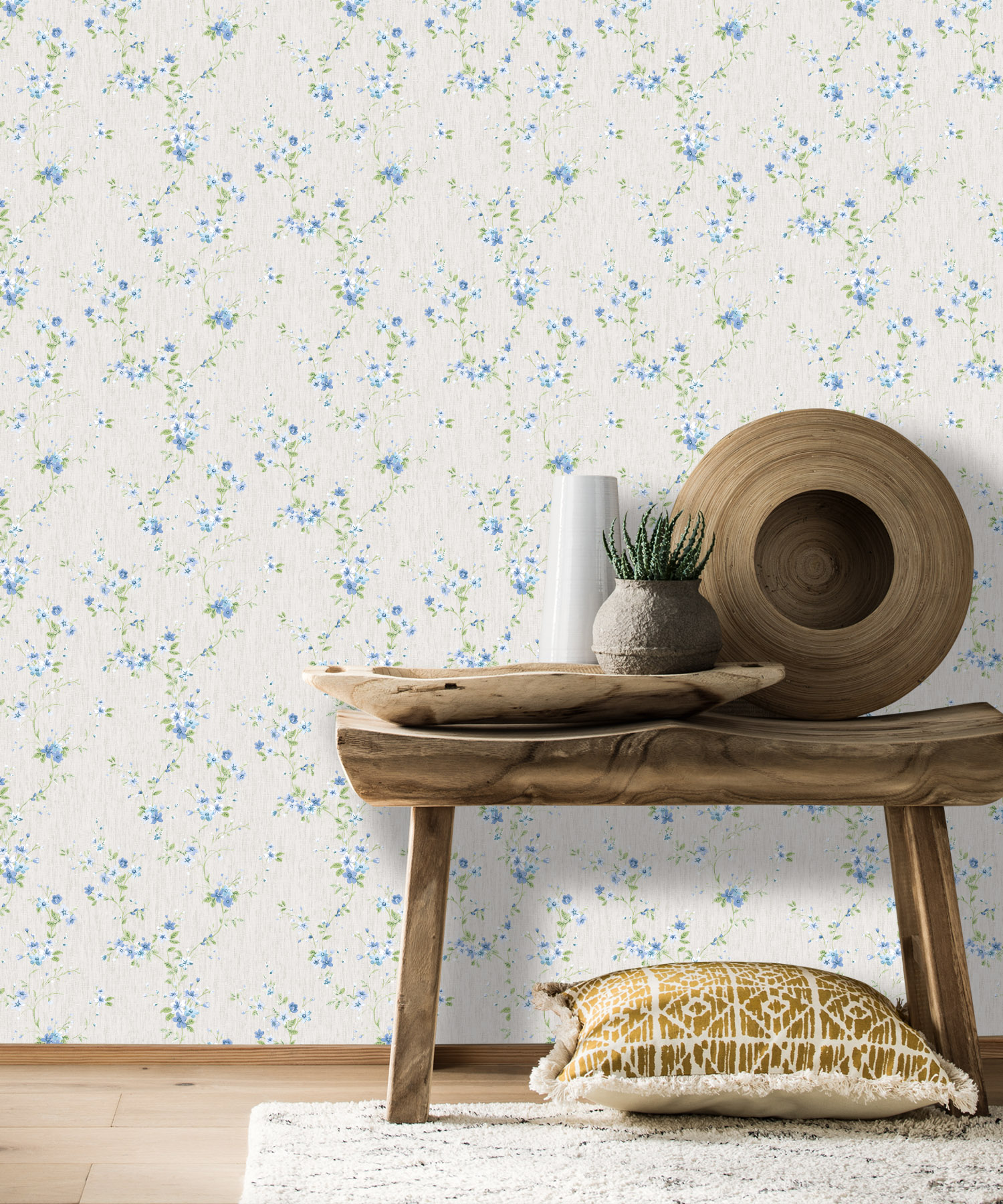 Blue Bloom Beige Wallpaper