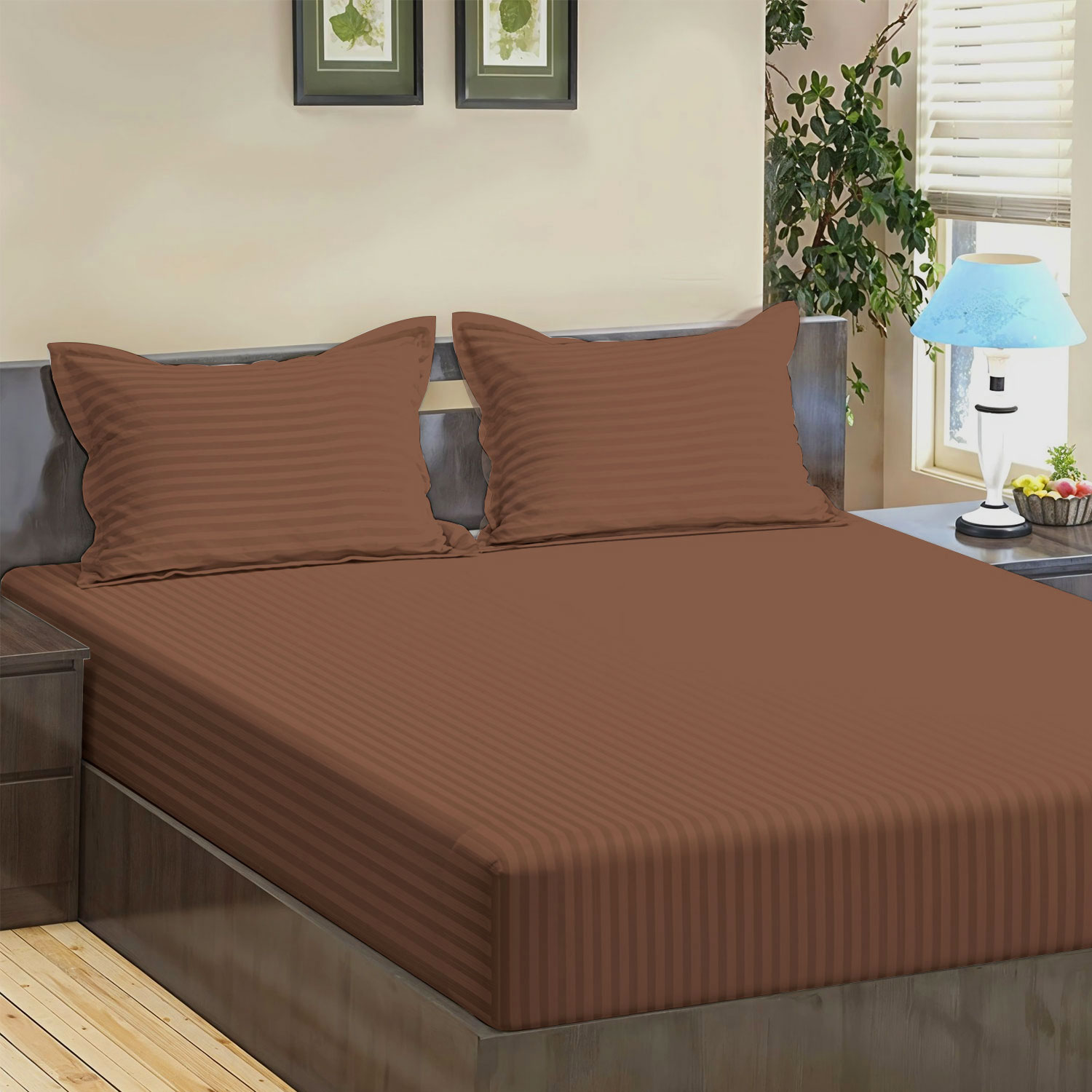Chocolate Stripes 300 TC Cotton Satin Bedsheet Super Soft & Breathable