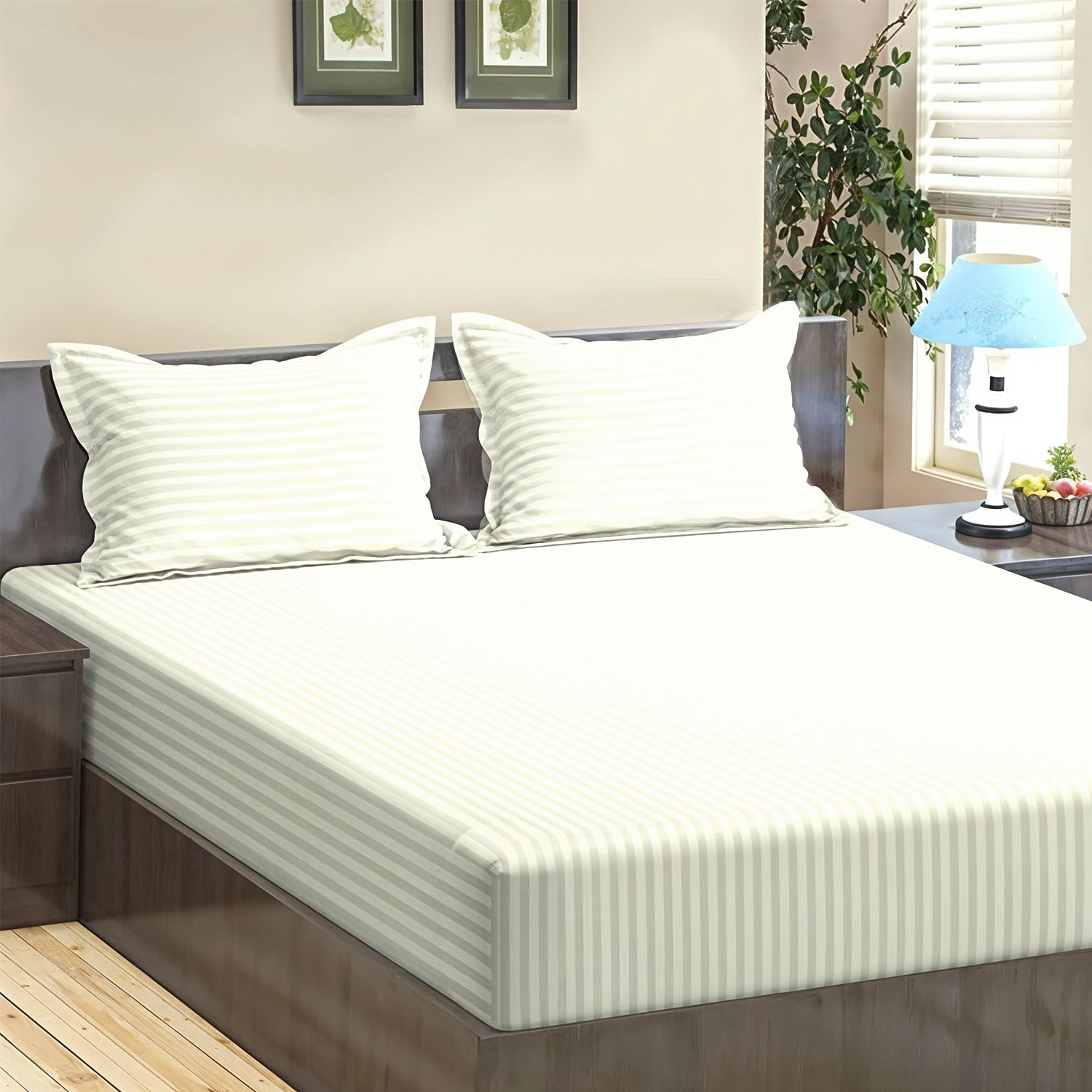 Ivory Stripes 300 TC Cotton Satin Bedsheet Super Soft & Breathable