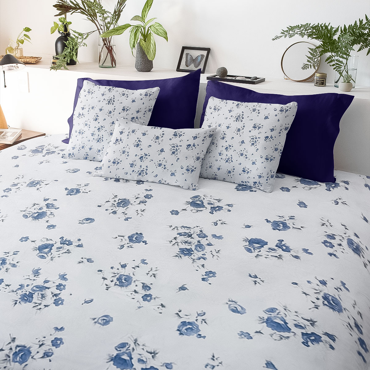 Blue Whisper 300 TC Pure Cotton Bedsheet – 108x108 (White & Blue Floral, Lightweight & Airy Feel)