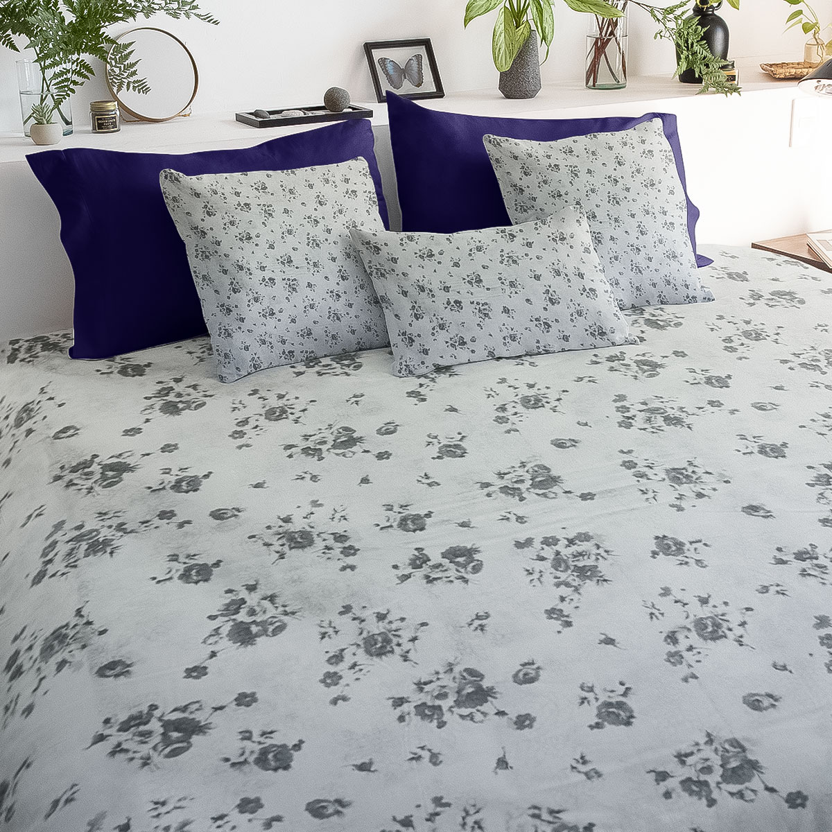 Silver Bloom – 300 TC Pure Cotton (White base with soft grey floral design, ultra-smooth and breathable.)