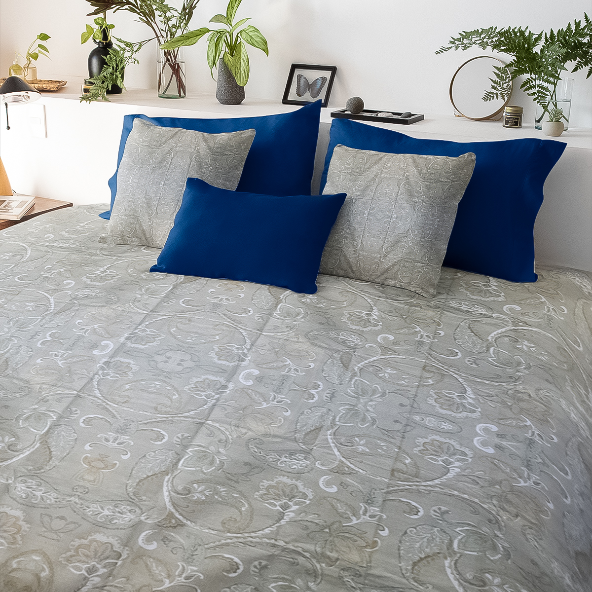 Rustic Blossom – 300 TC (Earthy brown tones with an elegant floral design and a touch of bold blue.)