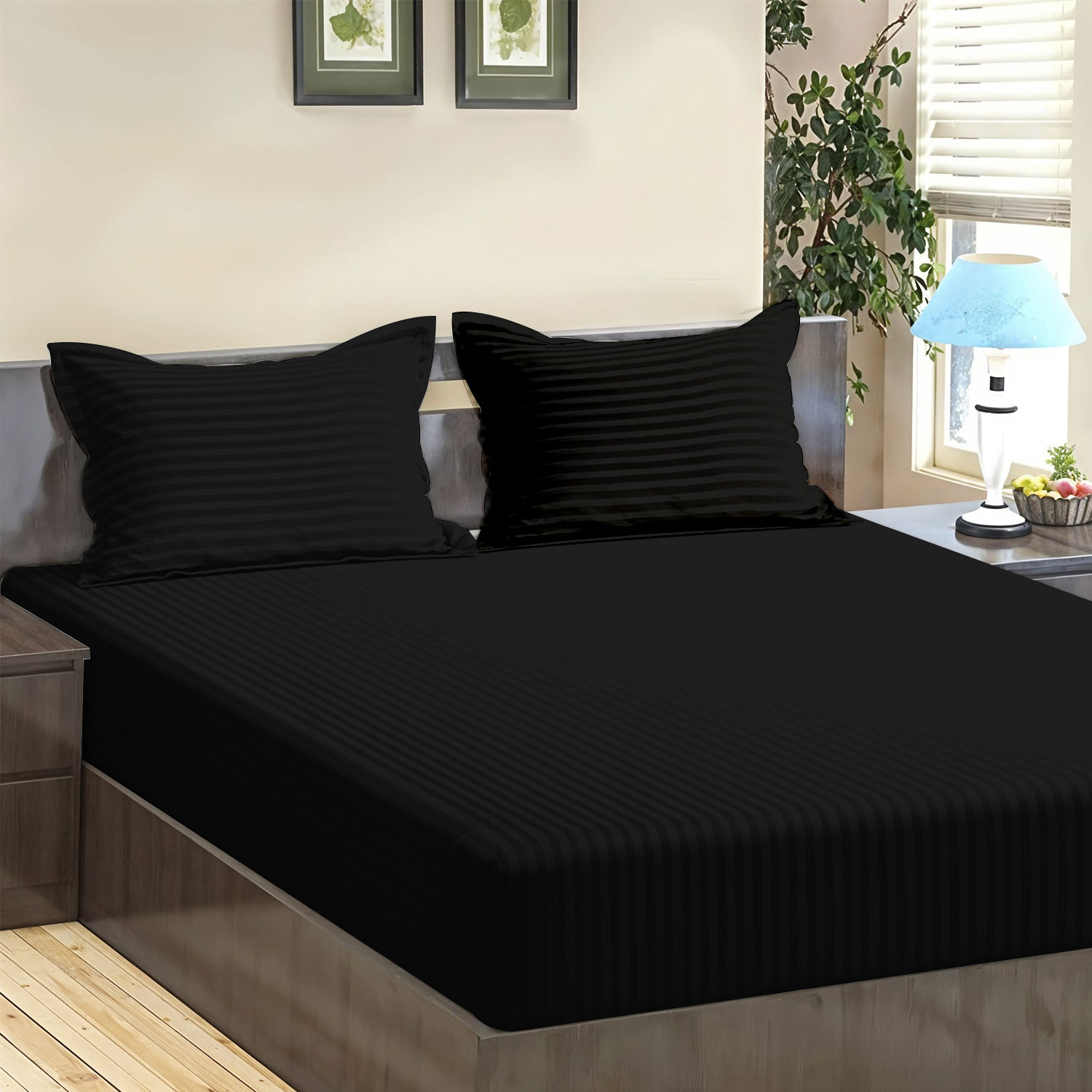 Midnight Black Satin Stripe 300 TC Luxury Bedsheet