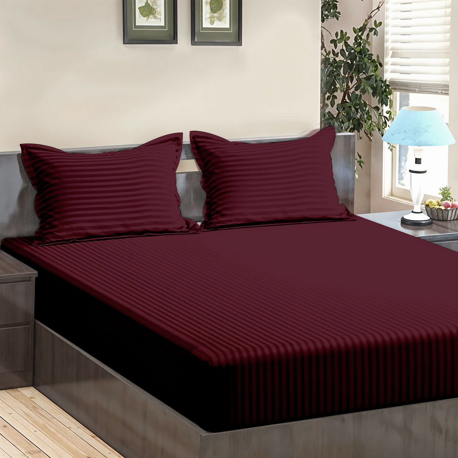 Burgundy Satin Stripe 300 TC Luxury Bedsheet